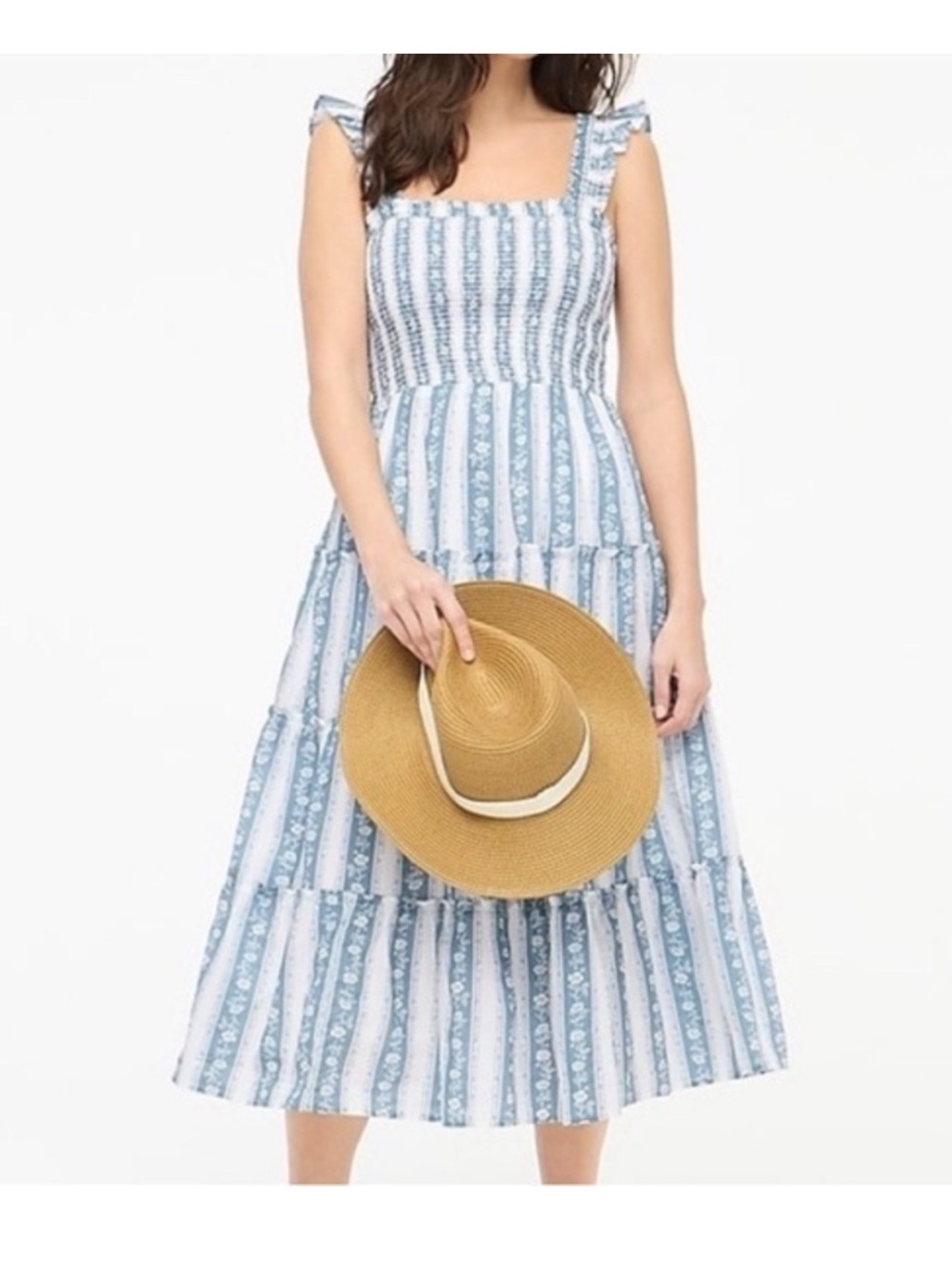 J.Crew Blue & White Smocked Floral Stripe Tiered Midi Dress